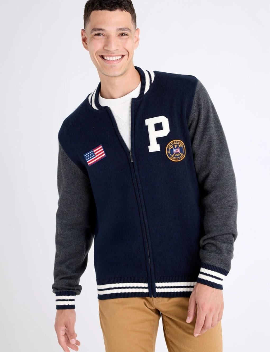 Кардиган-бомбер чоловічий U.S. Polo Assn. Premium Cotton на блискавці Full-Zip L Темно-синій з сірим (34176589)