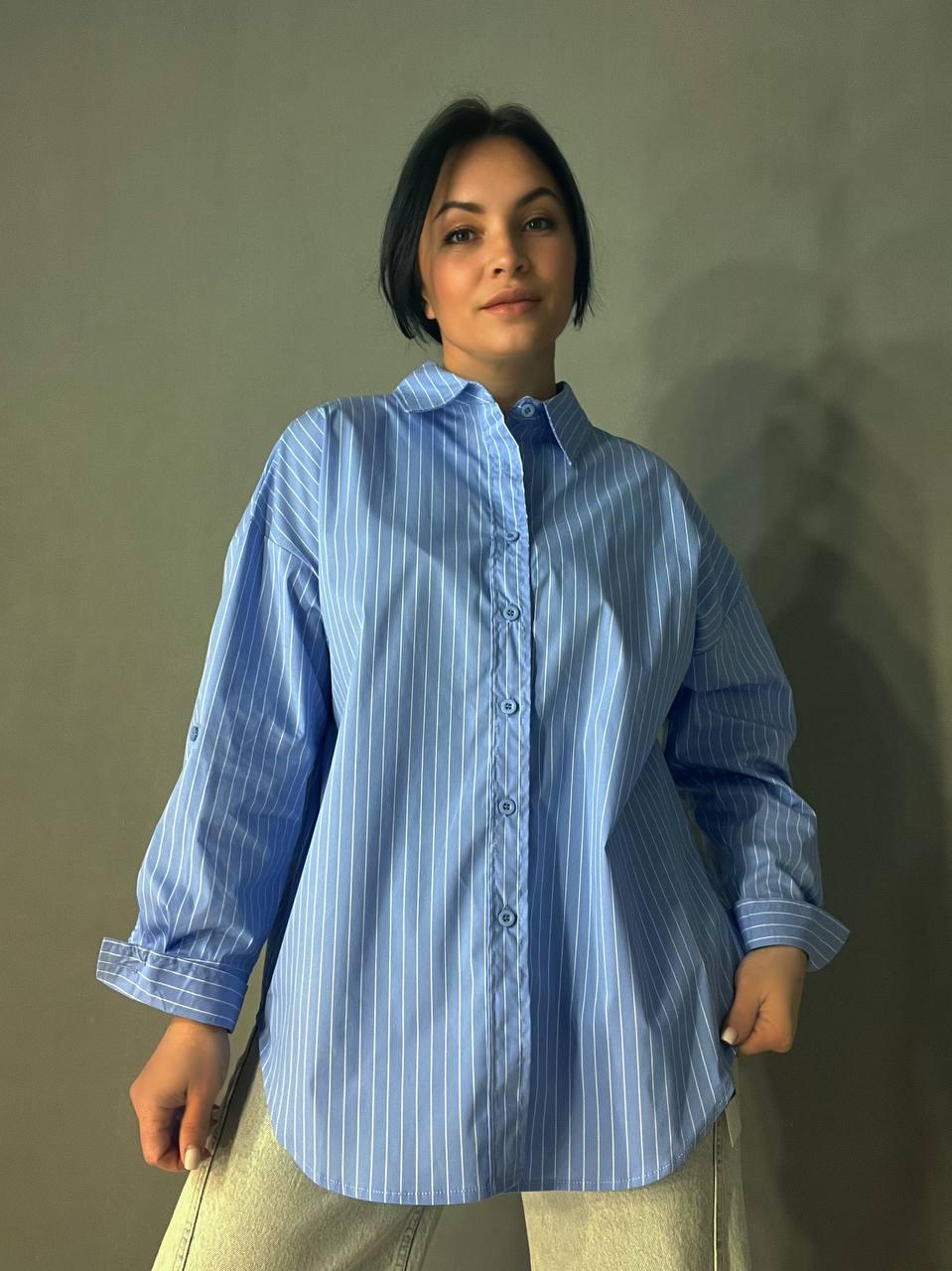Рубашка женская A-N 25130 полоска оверсайз удлиненная широкая OS Голубой (3574) - фото 4 Рубашка женская A-N 25130 полоска оверсайз удлиненная широкая OS Голубой (3574) - фото 4