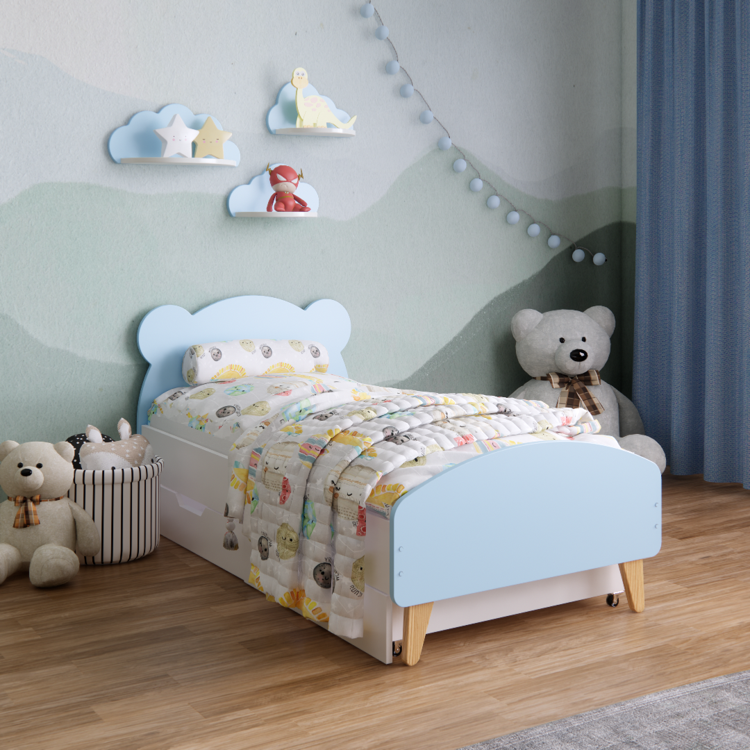 Детская кроватка Мишка с ящиками для детей 3-7 лет для мальчиков 140х70 см Голубой - фото 1