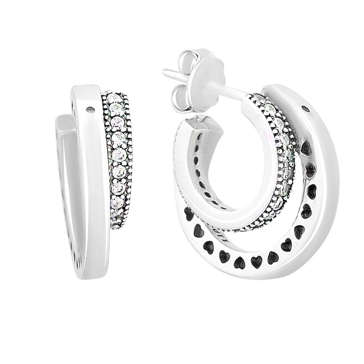 Срібні сережки-кільця з прозорими фіанітами та витонченим малюнком сердечок