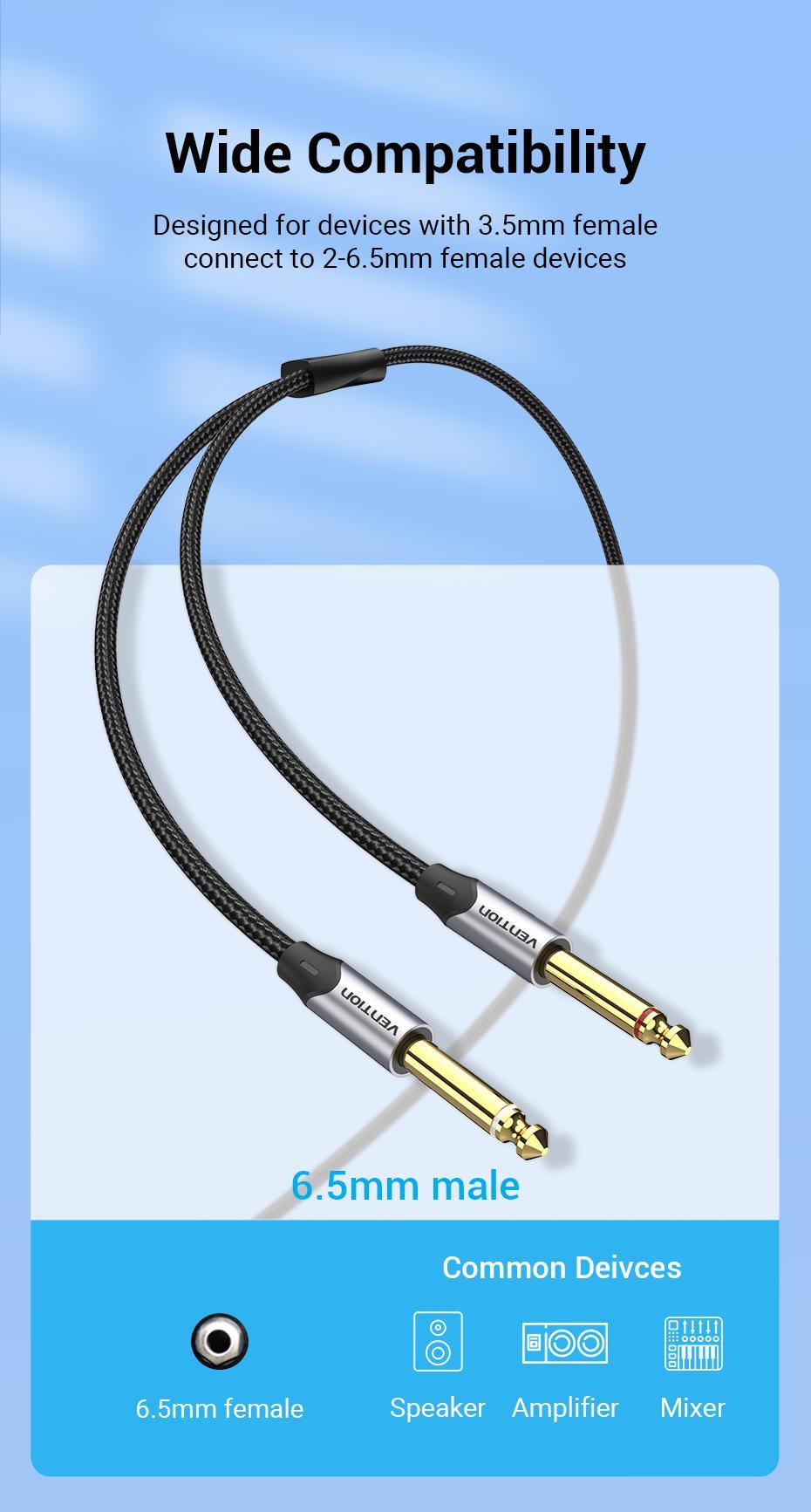 Кабель Vention 2м 2x 6,5 мм Jack-3,5 мм minijack HiFi AUX на 6.35 мм TRS L/R Канали TS 1/4" на TRS 1/8" в нейлоновій оплітці Чорний (BARHH) - фото 5