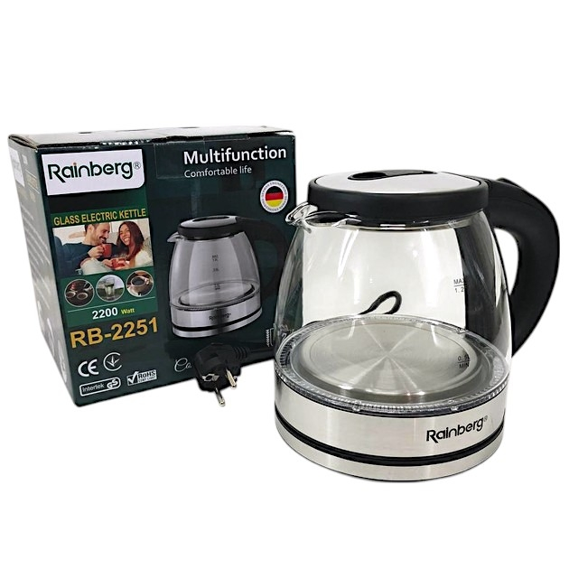 Електрочайник скляний Rainberg RB-2251 1,2 л 2200 Вт з LED-підсвіткою (ML-04555)