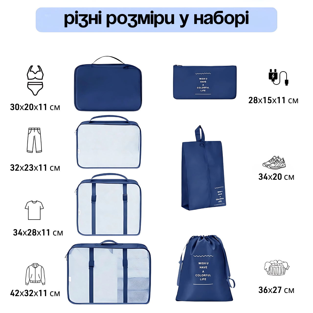 Набір дорожніх органайзерів для перевезення і зберігання речей 7в1 Синій (3222283787) - фото 4 Набір дорожніх органайзерів для перевезення і зберігання речей 7в1 Синій (3222283787) - фото 4