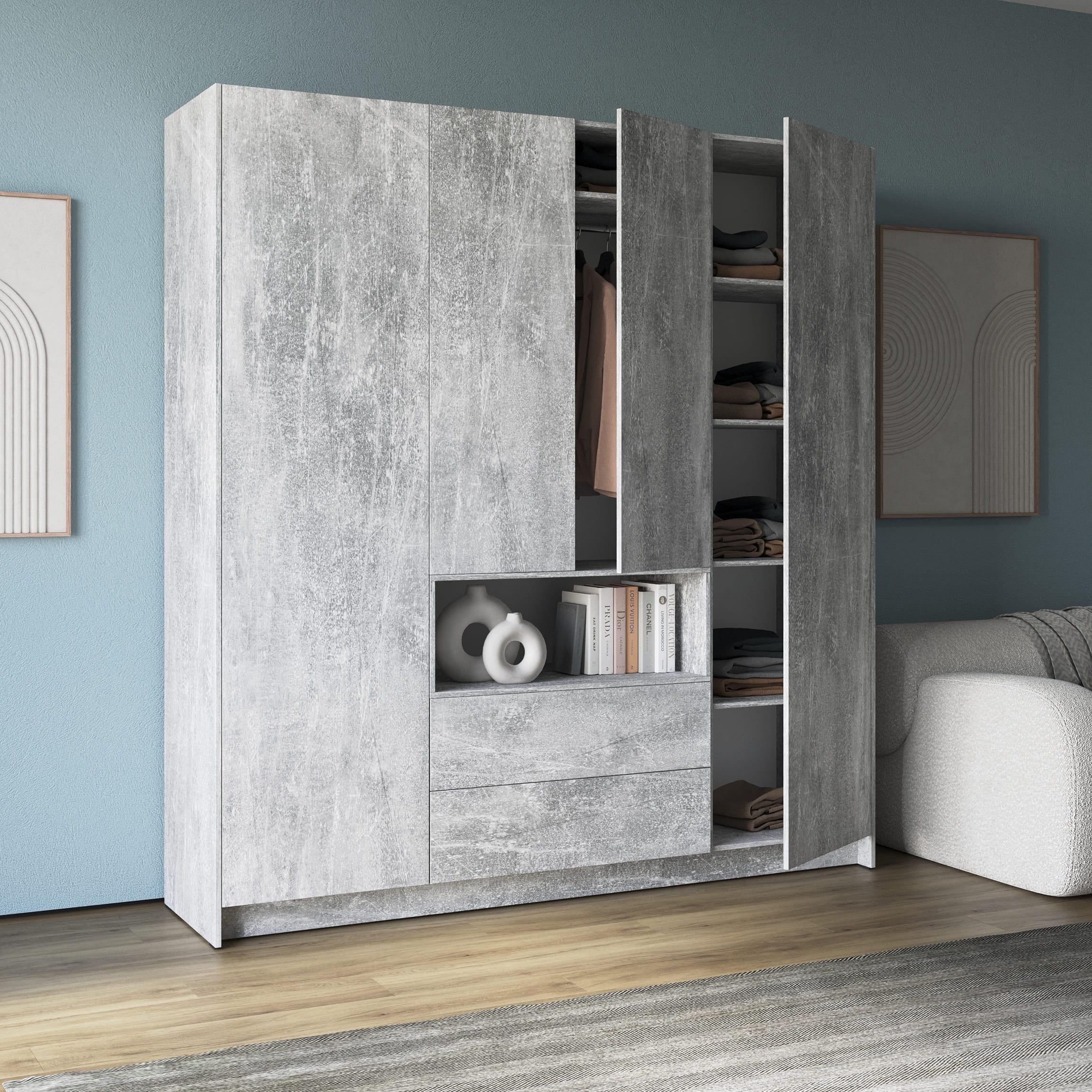 Шафа чотиридверна з ящиками і відкритою полицею Бетон (380577)