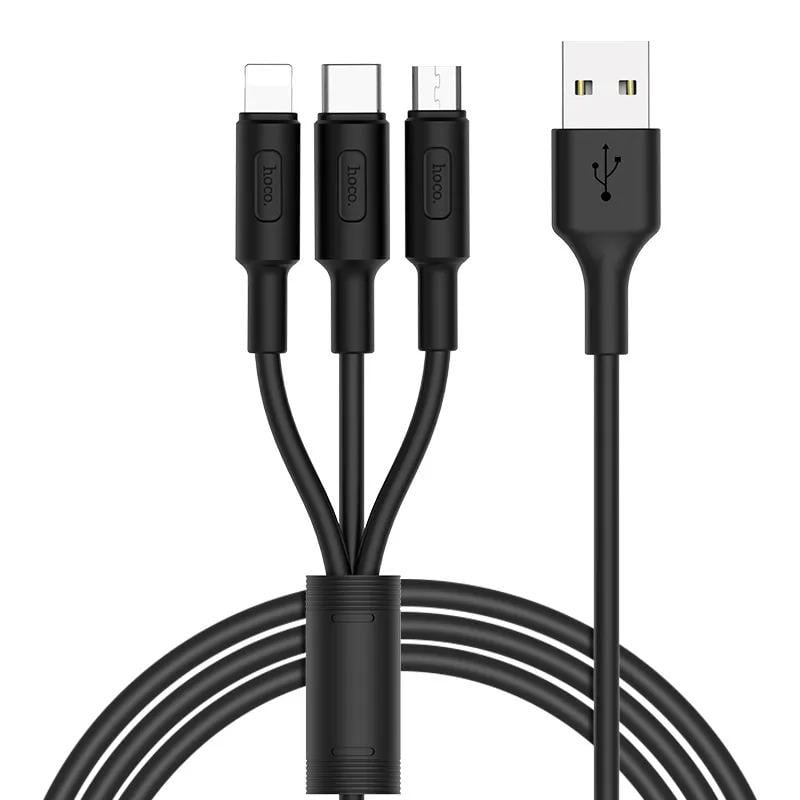 Кабель USB Hoco X25 3in1 USB Lightning/MicroUSB/Type-C для телефону ноутбука ПК 1 м Чорний - фото 1