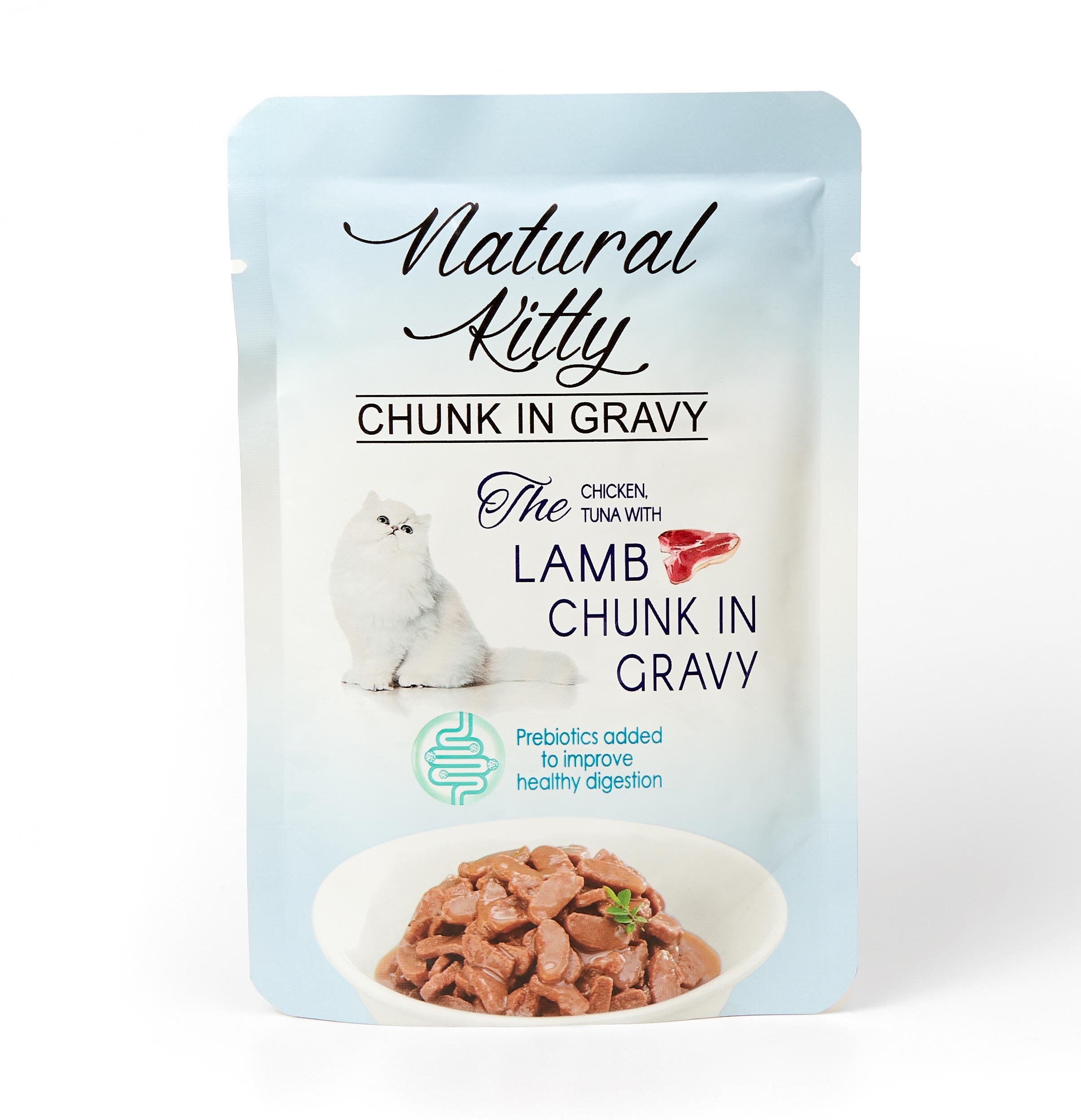 Павуки для котів Natural Kitty Chunk in Gravy Chicken Tuna with Lamb шматочки курки та тунця з легкими ягняти в соусі 85 г (NKS240804)