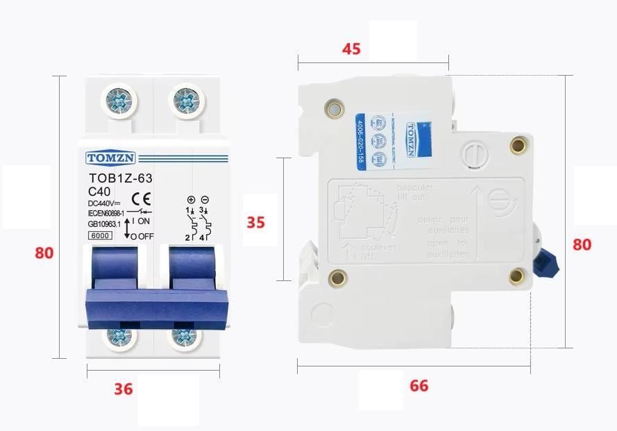 Выключатель постоянного тока TOMZN автоматический DC MCB TOB1Z-63 2P Icu 6kA на DIN рейку 63А двухполюсный до 440V (100802499) - фото 2