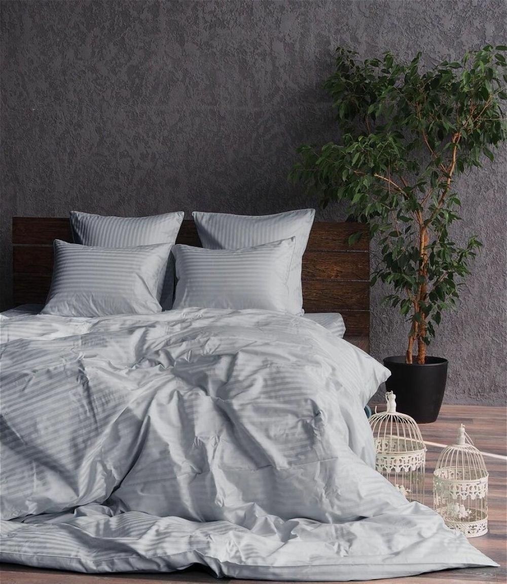 Комплект постельного белья на резинке Stripe LUX 1/1 см семейный/наволочки 50х70/70х70 см Light Grey (3983) - фото 1