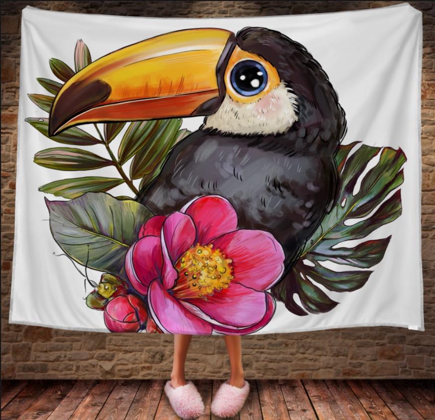 Плед с 3D принтом Тукан и цветы акварель 150х200 см (epi_1748)