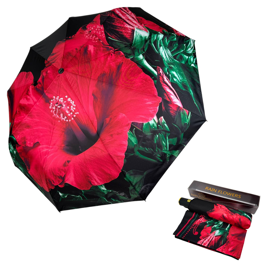 Зонт женский автомат Rain Flower в подарочной упаковке с платком Черный с красным цветком (01020-4) - фото 2