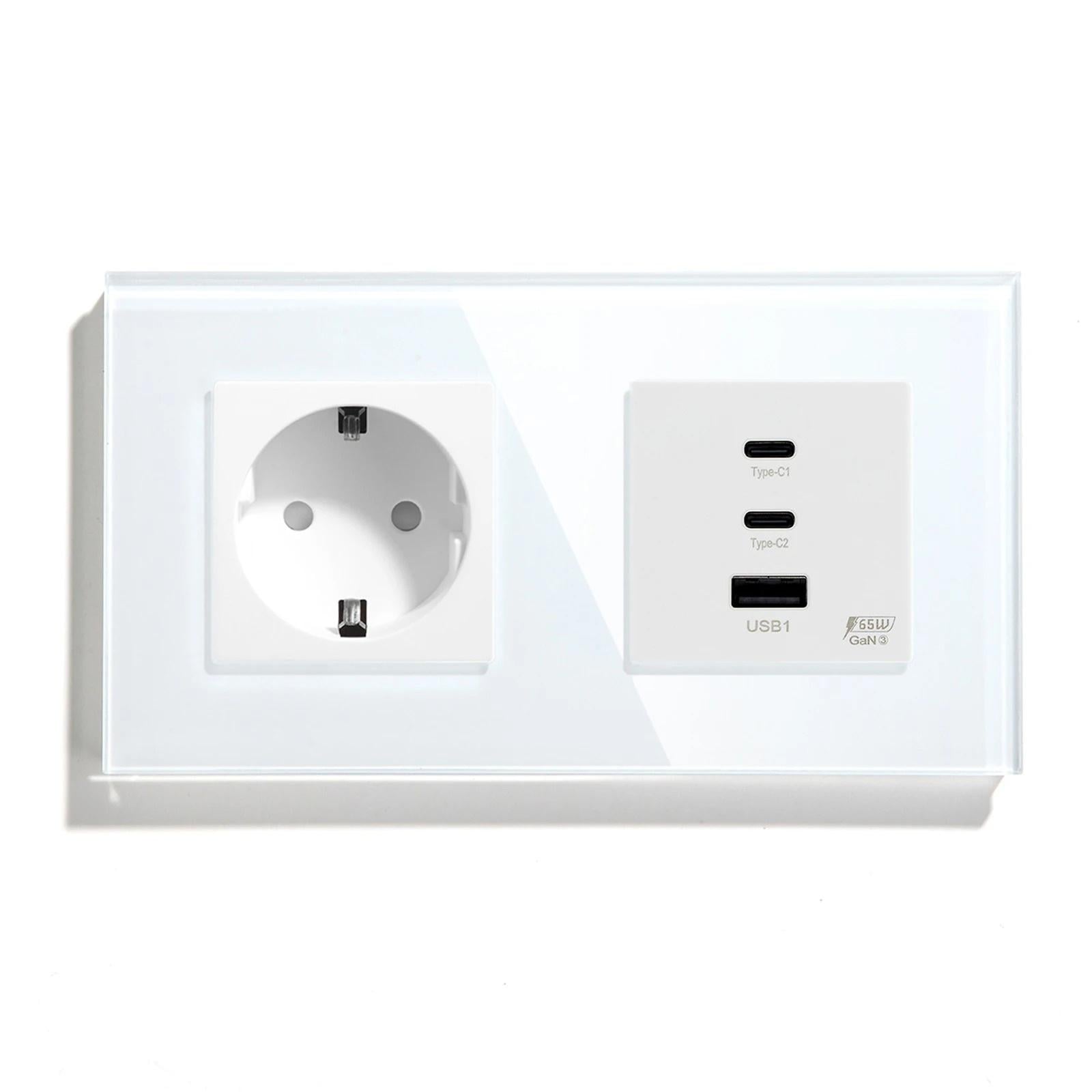 Розетка настенная LUXION с USB-A/USB-C 65Вт дизайнерская стеклянная рамка Белый (LX-M1F65W-WT)