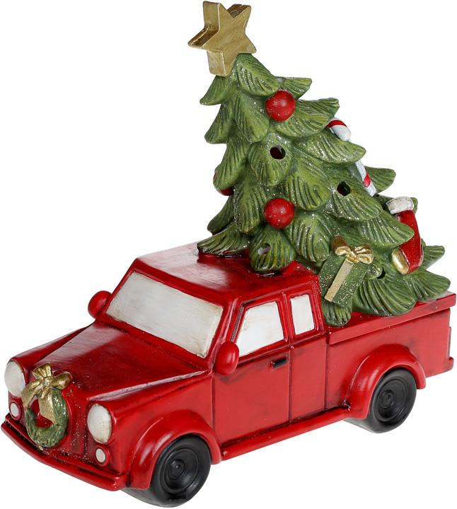 Статутека декоративная Красный автомобиль с елью с LED подсветкой 22х9,5х19 см