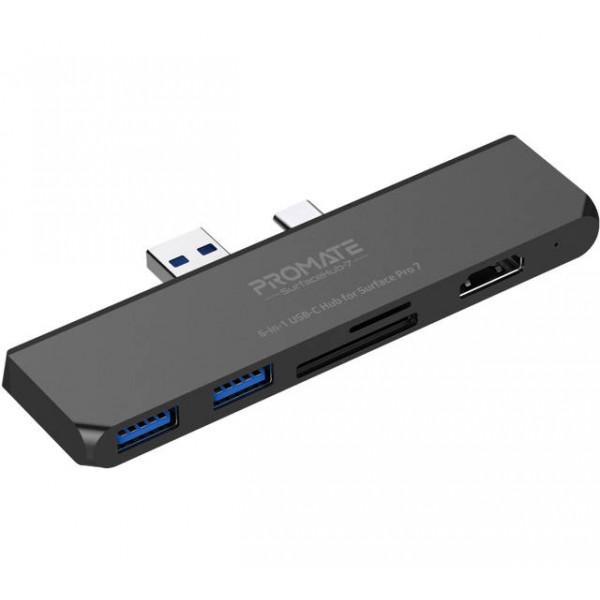 USB-C хаб 6в1 Promate SurfaceHub-7 HDMI/2xUSB 3.1/USB-C 3.1/SD/MicroSD Black