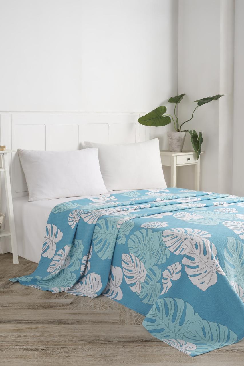 Покрывало пике Eponj Home Monstera mavi вафельное 200х235 Голубой (svt-2000022283403)