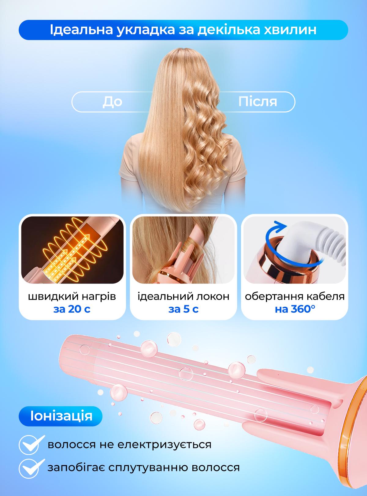 Плойка автоматична стайлер для волосся локонів і хвиль керамічне покриття OnePro Рожевий (73853) - фото 4 Плойка автоматична стайлер для волосся локонів і хвиль керамічне покриття OnePro Рожевий (73853) - фото 4