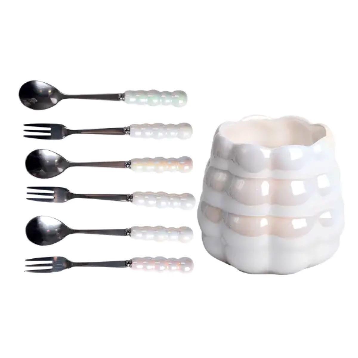 Набір десертних виделок і ложок на 3 персони з підставкою 7 пр. Перламутровий - фото 2 Набір десертних виделок і ложок на 3 персони з підставкою 7 пр. Перламутровий - фото 2