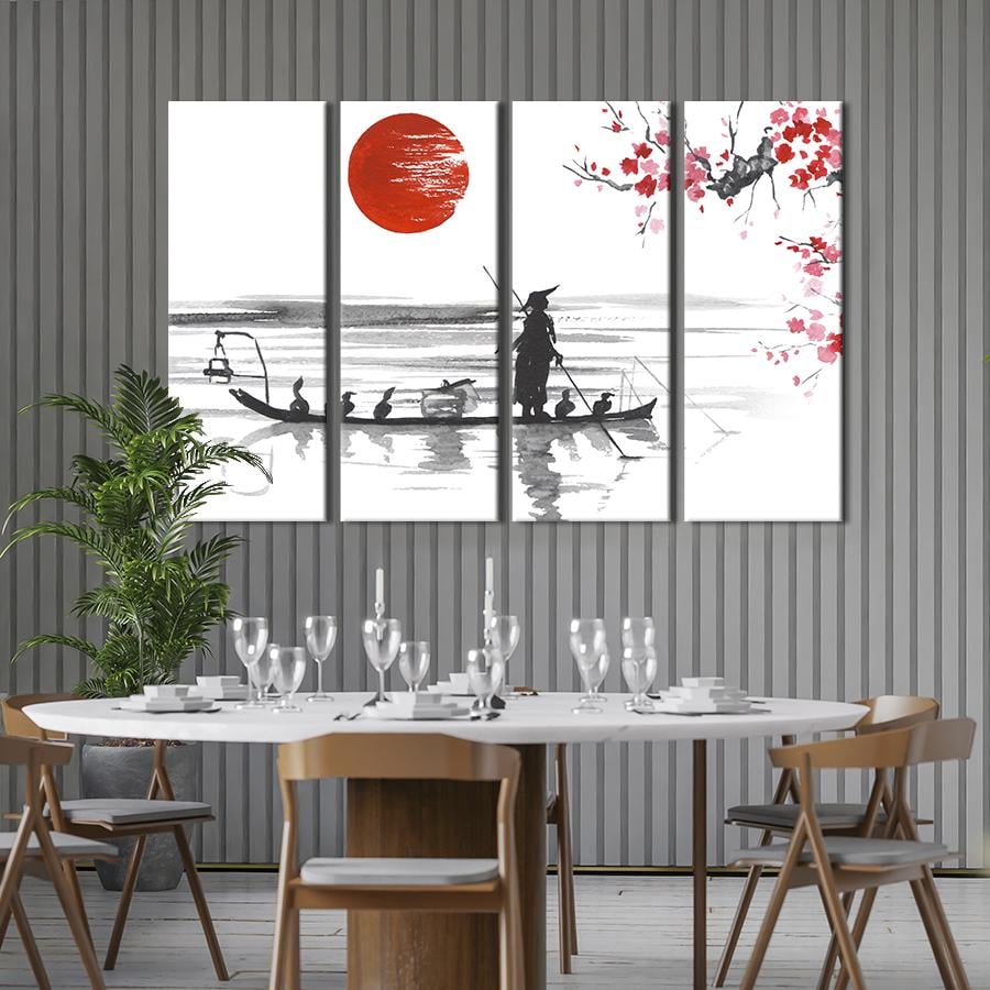 Модульна картина із 4 частин Японська графіка старий у човні з качками під гілкою сакури 149x93 см (517-41)