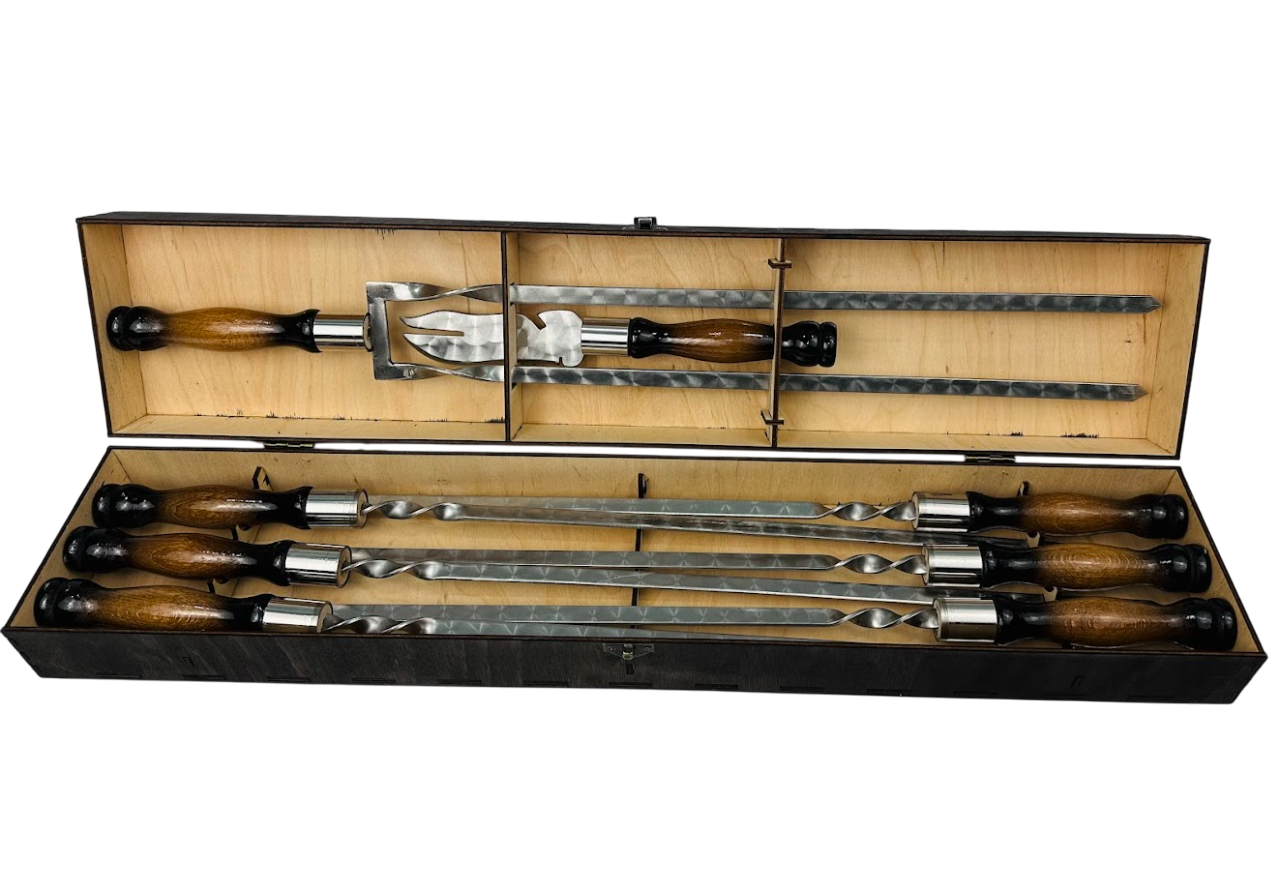 Набір шампурів ручної роботи Вуд з подвійним шампуром та виделкою на 8 предметів із нержавіючої сталі в кейсі із фанери Чорний (124-10-NB-3004)