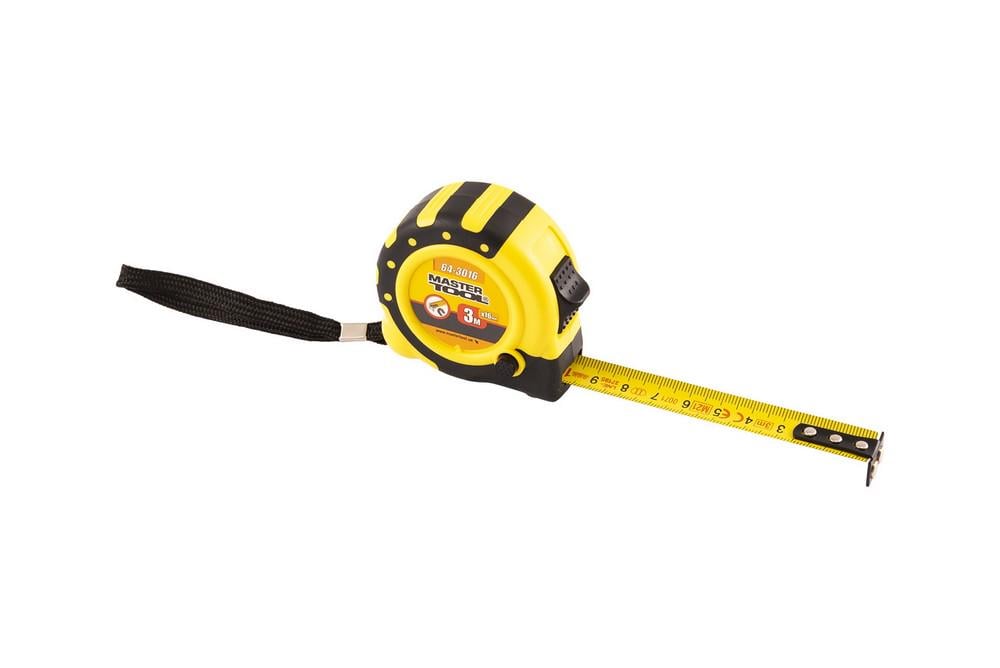 Рулетка MasterTool 3 мх16 мм з магнітами/2 фіксатори/кнопка STOP/TPR-покриття/нейлонове покриття (64-3016)