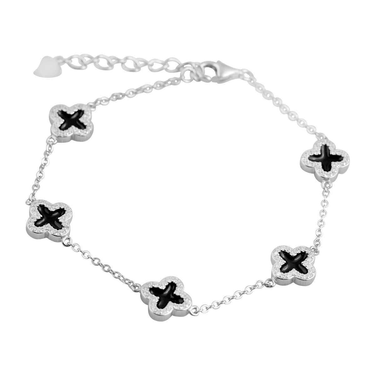 Браслет серебряный с подвесками в форме клевера с черным эмалевым покрытием