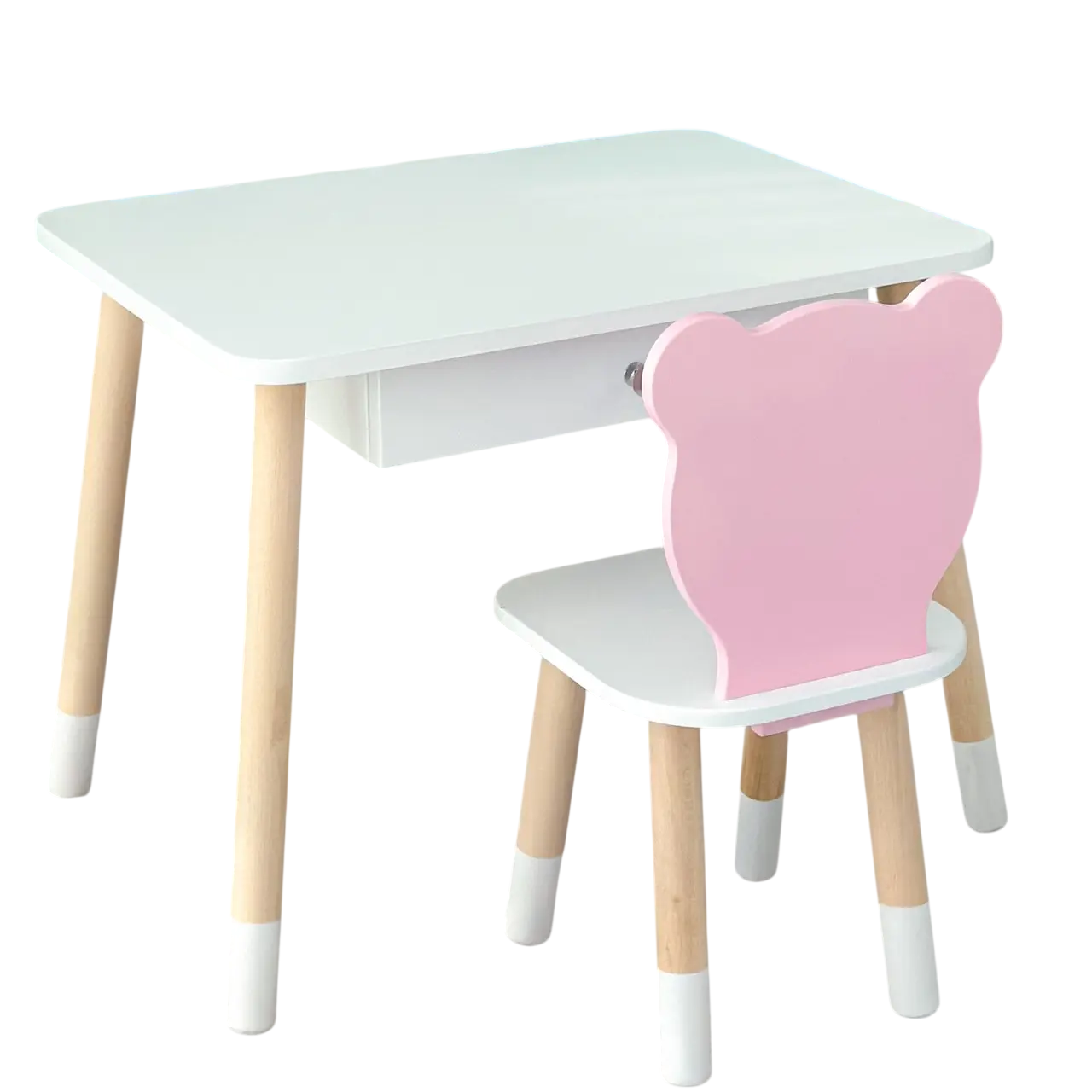 Набор мебели детский столик с ящиком и стульчиком деревянный медведик 46х60х45 см Бело-розовый (150-7-68403)