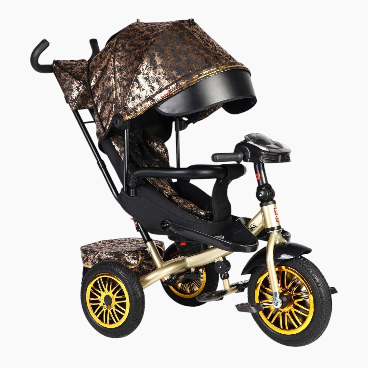 Велосипед дитячий триколісний Best Trike Perfetto 8066 надувні колеса музична панель з USB та батьківською ручкою Чорно-золотий (819-40) - фото 1