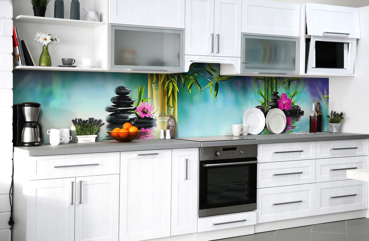 Кухонный фартук Восток/Гармония/Камни/Бамбук из самоклеющейся виниловой пленки 60х250 см Голубой