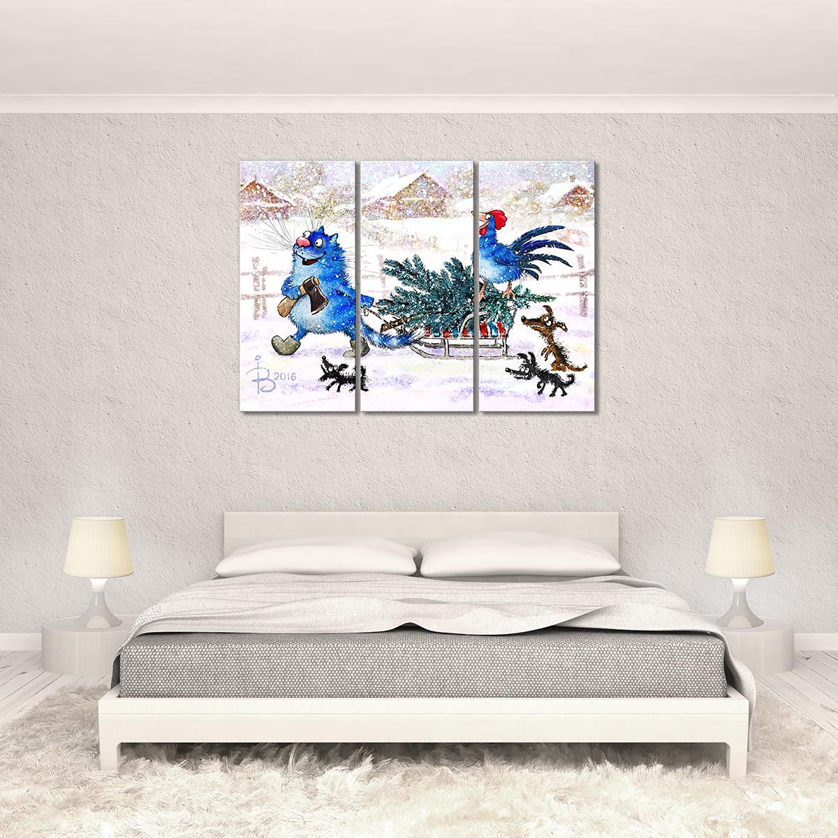 Модульная картина Кот и Петух готовятся к Новому году 3 модуля 60x90 см