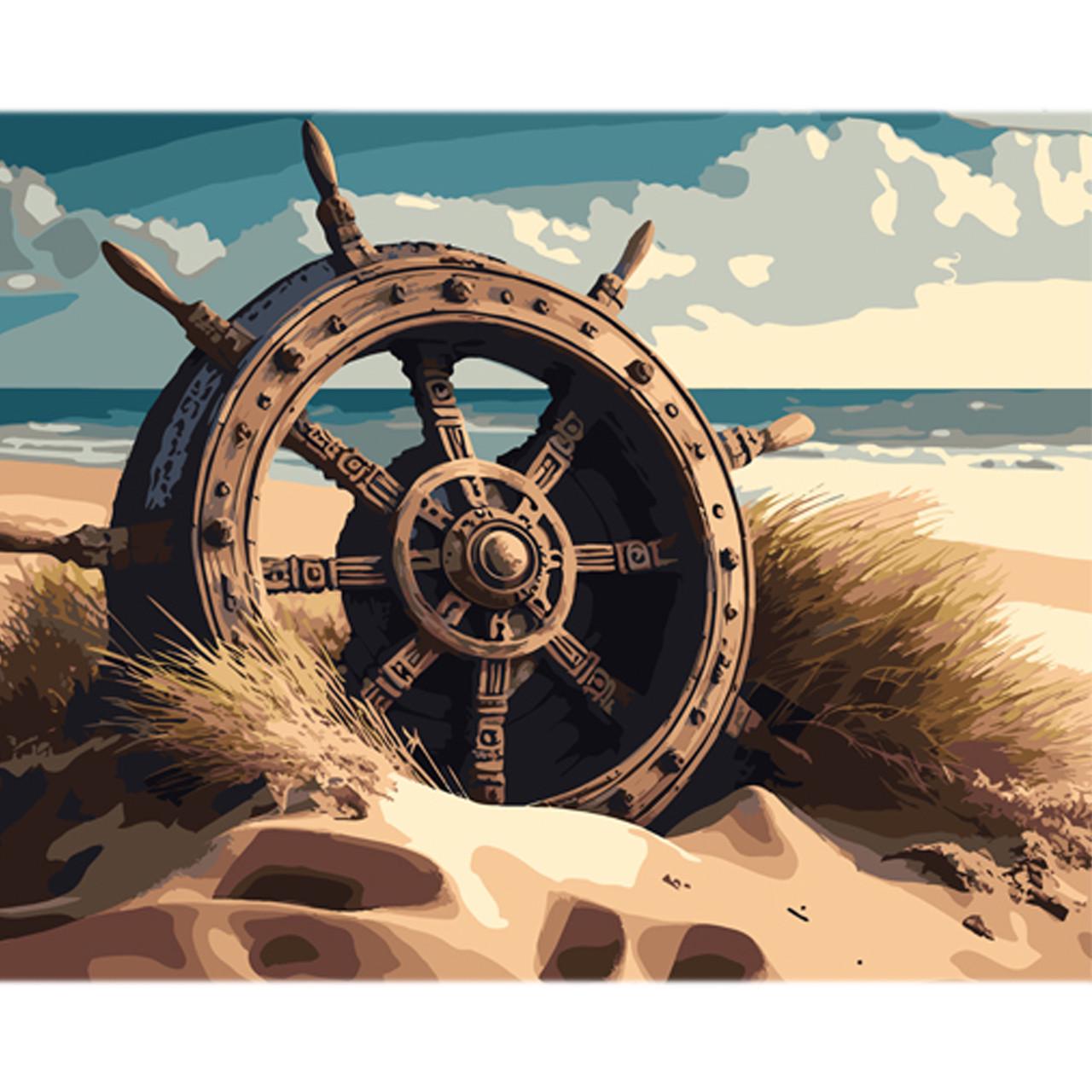 Картина по номерам Strateg Морской штурвал на пляже на цветном фоне 40х50 см (MZ070)