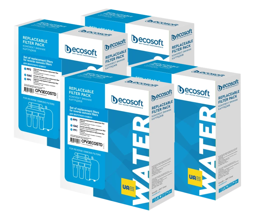 Картриджи для фильтров воды годовой запас картриджей Ecosoft для фильтра обратного осмоса Standard без минерализатора (CPV15POST50GPD) - фото 4 Картриджи для фильтров воды годовой запас картриджей Ecosoft для фильтра обратного осмоса Standard без минерализатора (CPV15POST50GPD) - фото 4