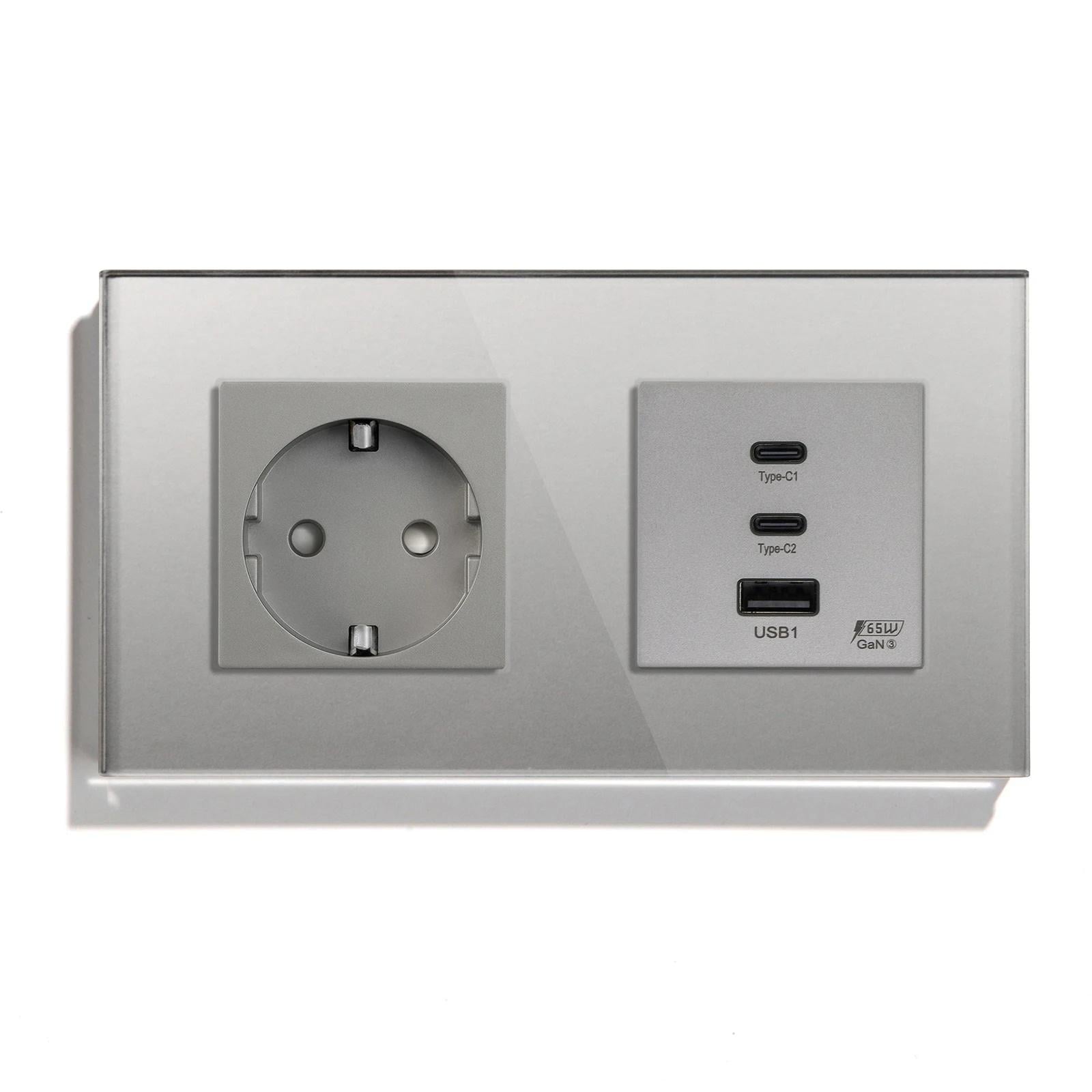 Розетка настенная LUXION с USB-A/USB-C 65Вт дизайнерская стеклянная рамка Серый (LX-M1F65W-GY)