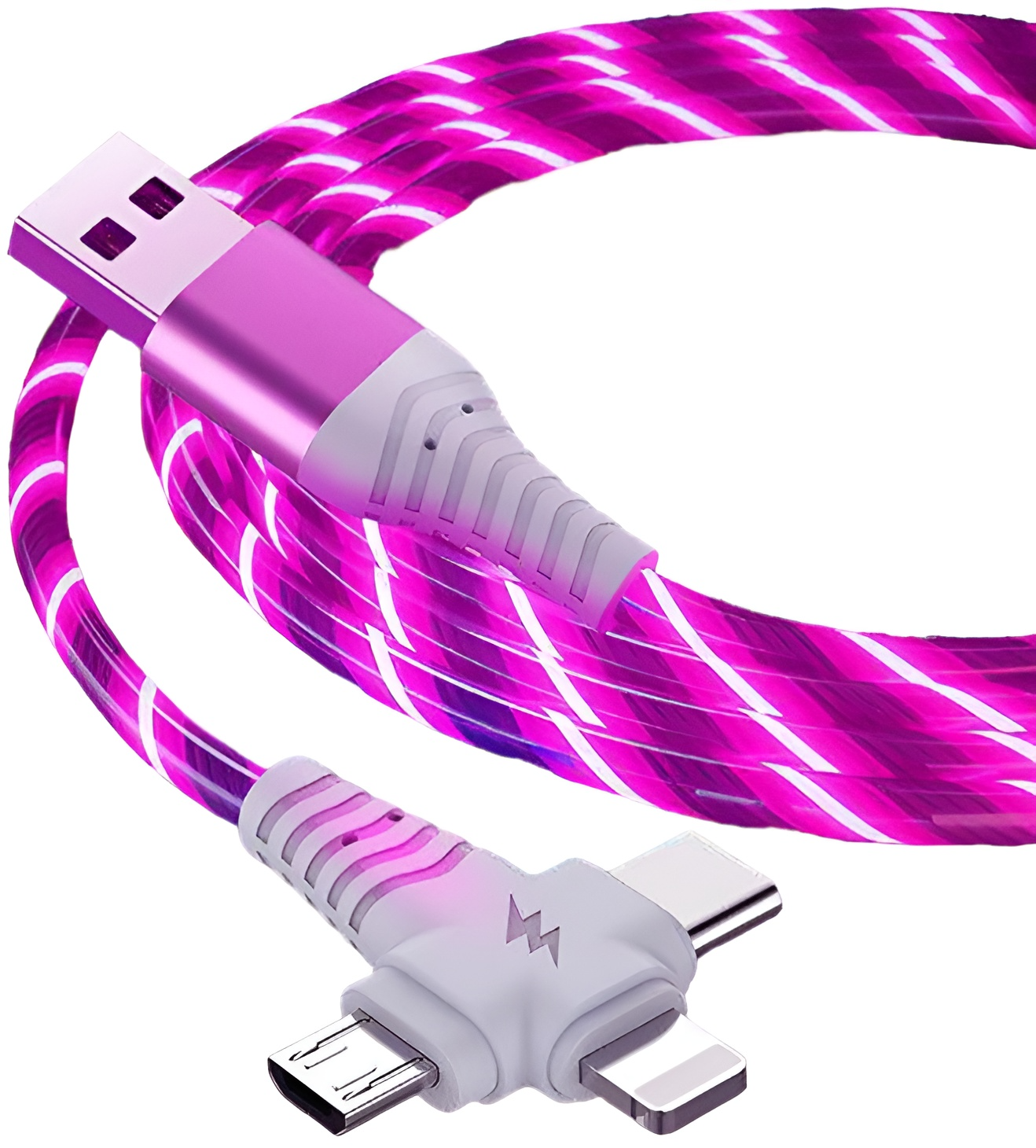 Кабель для зарядки смартфонов 3в1 Type-c Micro USB Lightning с подсветкой 1 м Розовый (1896648081)