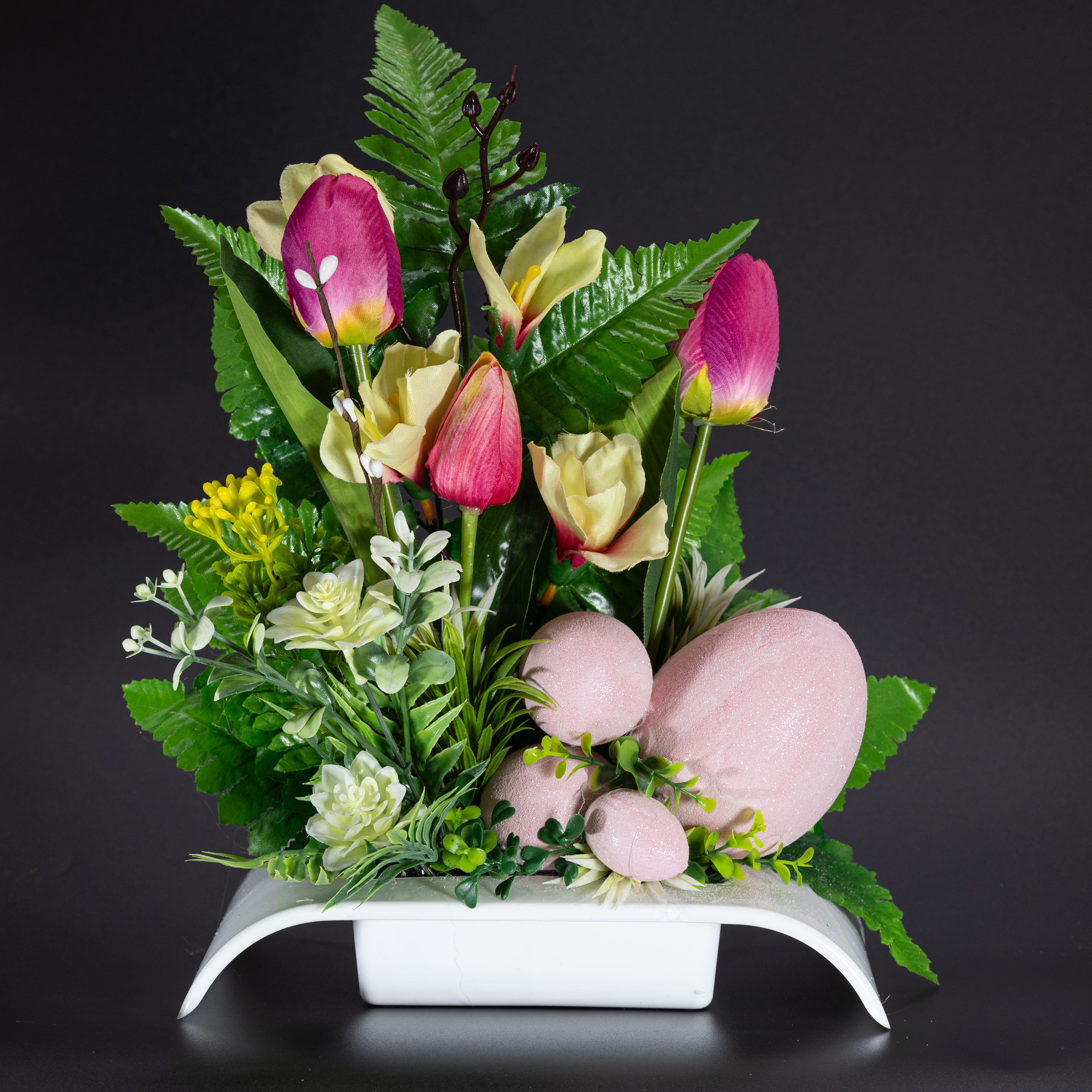 Композиция Пасхи Gala Decor из искусственных цветов и пасхальных яиц на пластиковой основе (КБ2530Я)