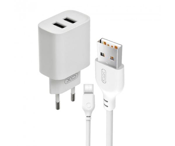 Устройство сетевое зарядное XO CE02C 2USB 2,1 A с кабелем Type-C 1 м White