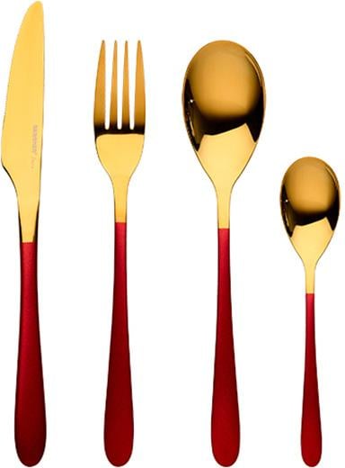 Набор столовых приборов Bergner Lisboa 16 пр. на 4 персоны, золотой с красным