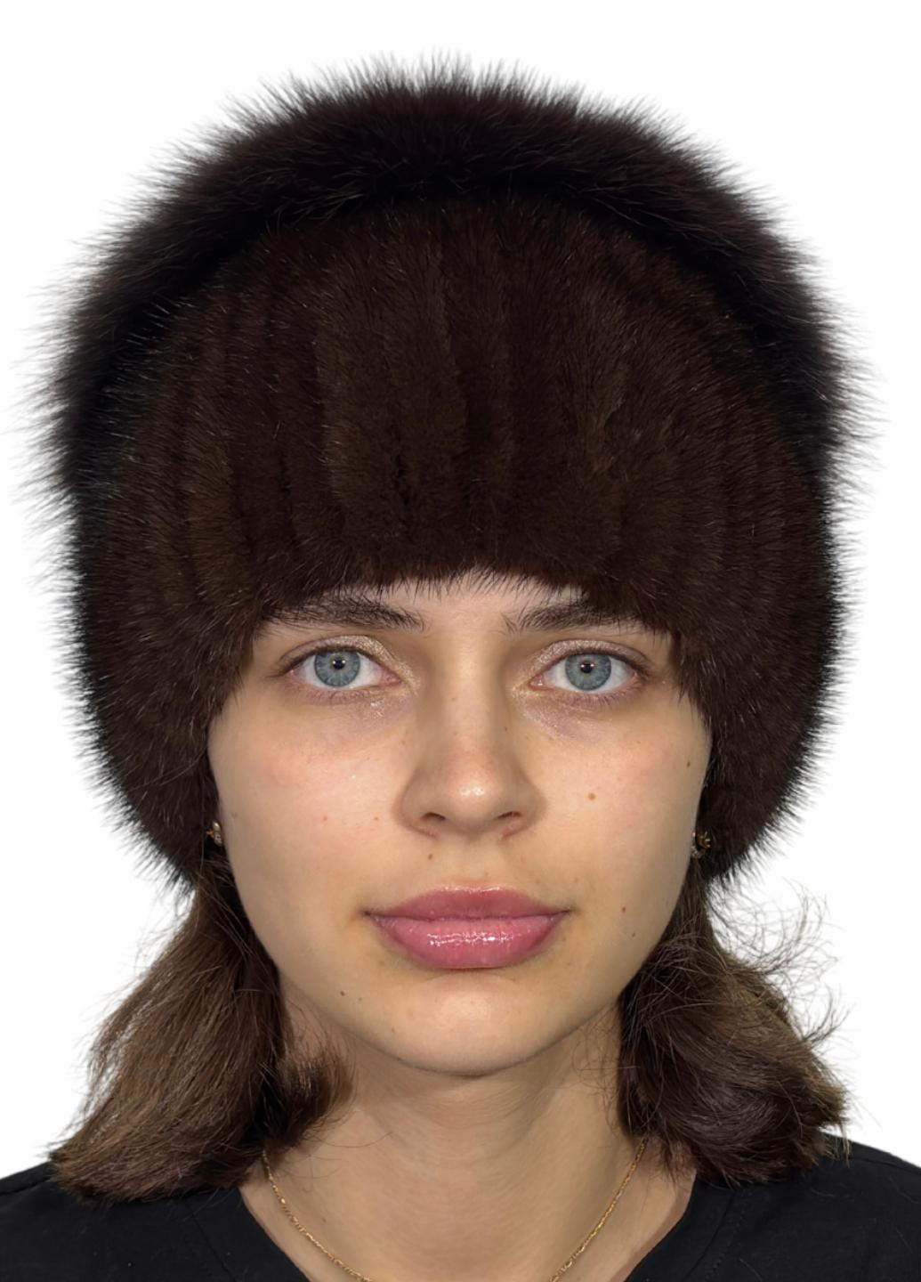 Шапка зимняя с помпоном Меховой стиль Бабка из натурального меха норки XXS-S Коричневый (117/J)
