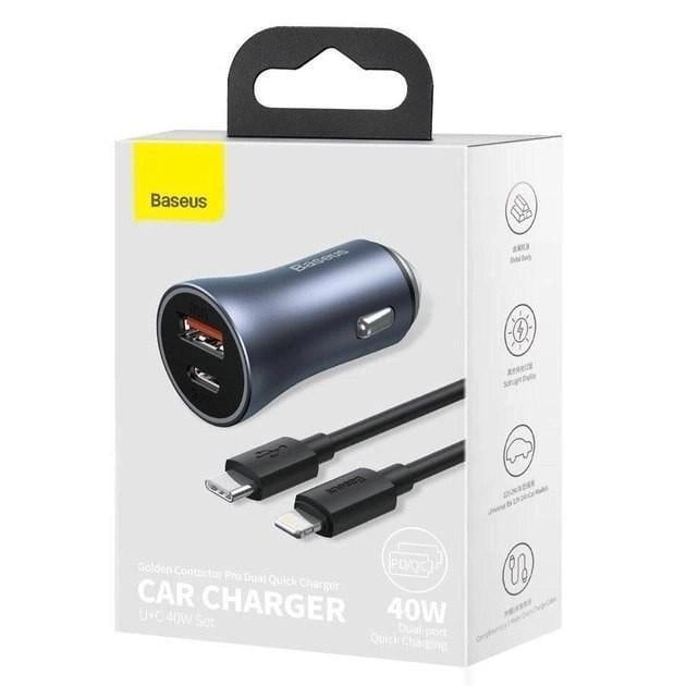 Зарядное устройство для автомобильного Baseus 40W с кабелем Type-C до Lightning Cable Golden Contactor Pro Dual Quick Car Charger 1USB/1 - фото 7