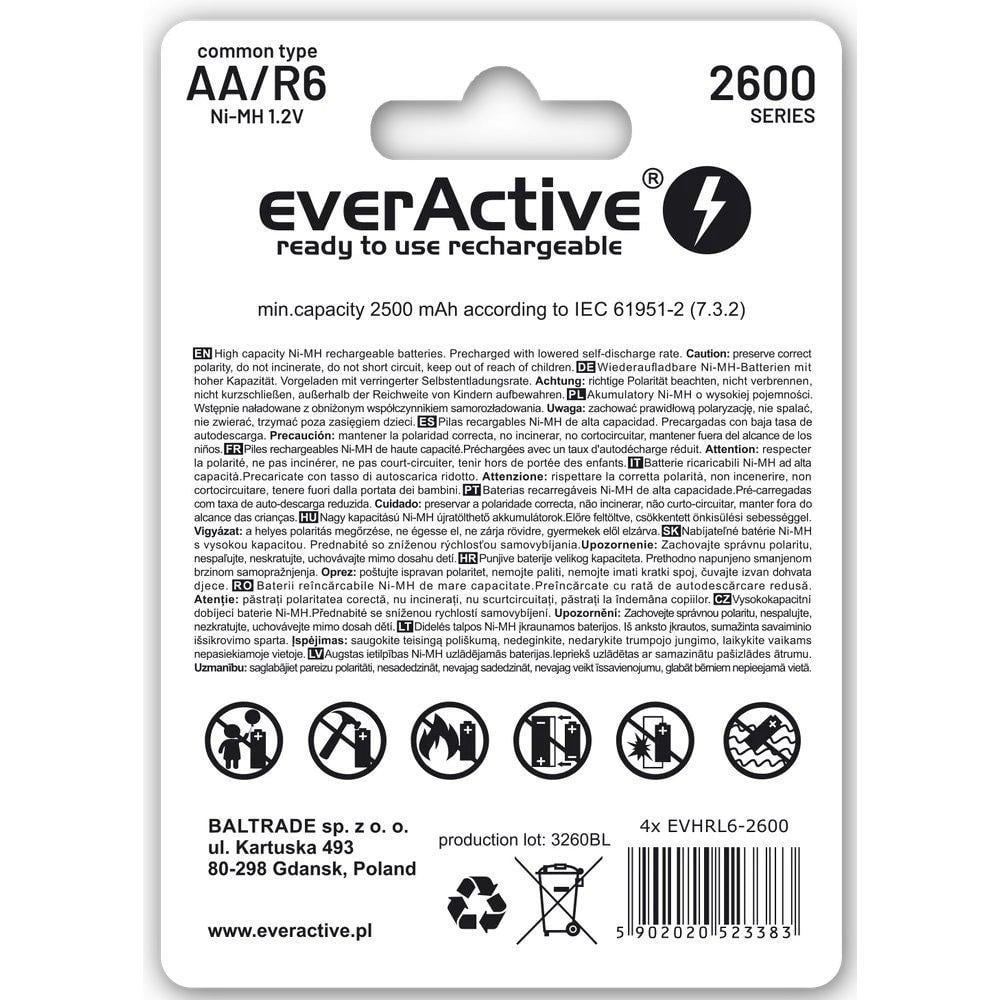 Аккумулятор EverActive AA/R6 1,2V Ni-MH 2600 mАh 4 шт. (14277956) - фото 2