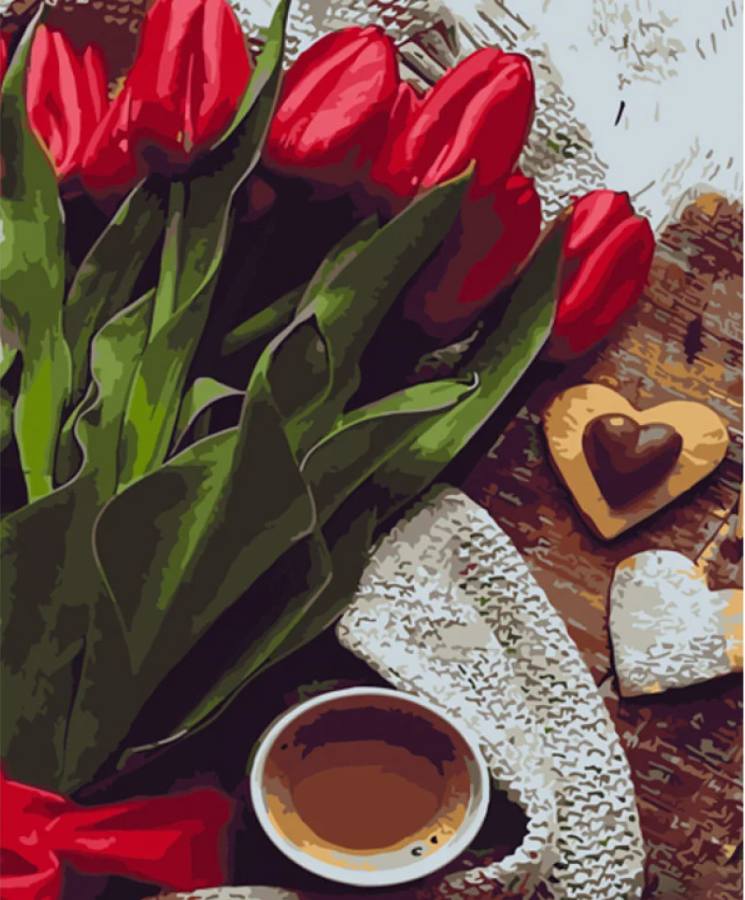 Картина по номерам Strateg Красные тюльпаны с кофе 40х50 см (GS1270)