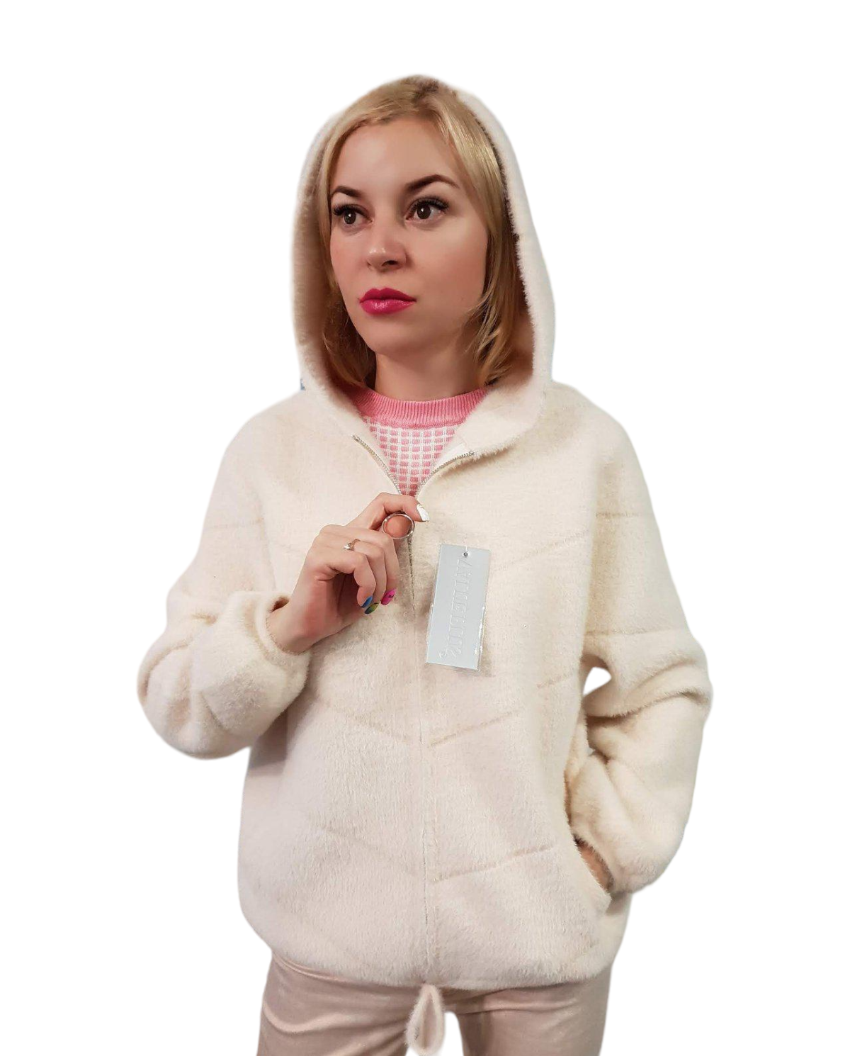 Пальто женское с капюшоном из шерсти альпака р. 46-50 Белый (8816)