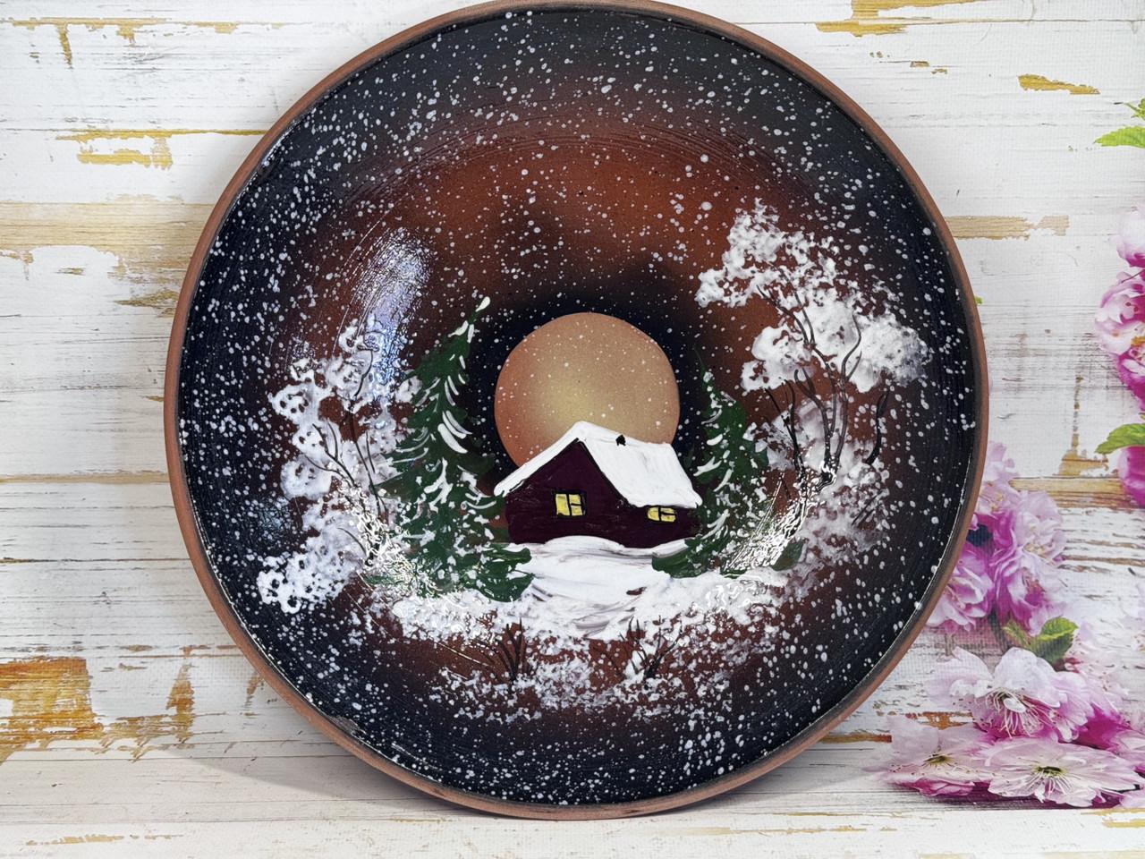 Блюдо глиняное Рождественское зима d 30 см ручной работы