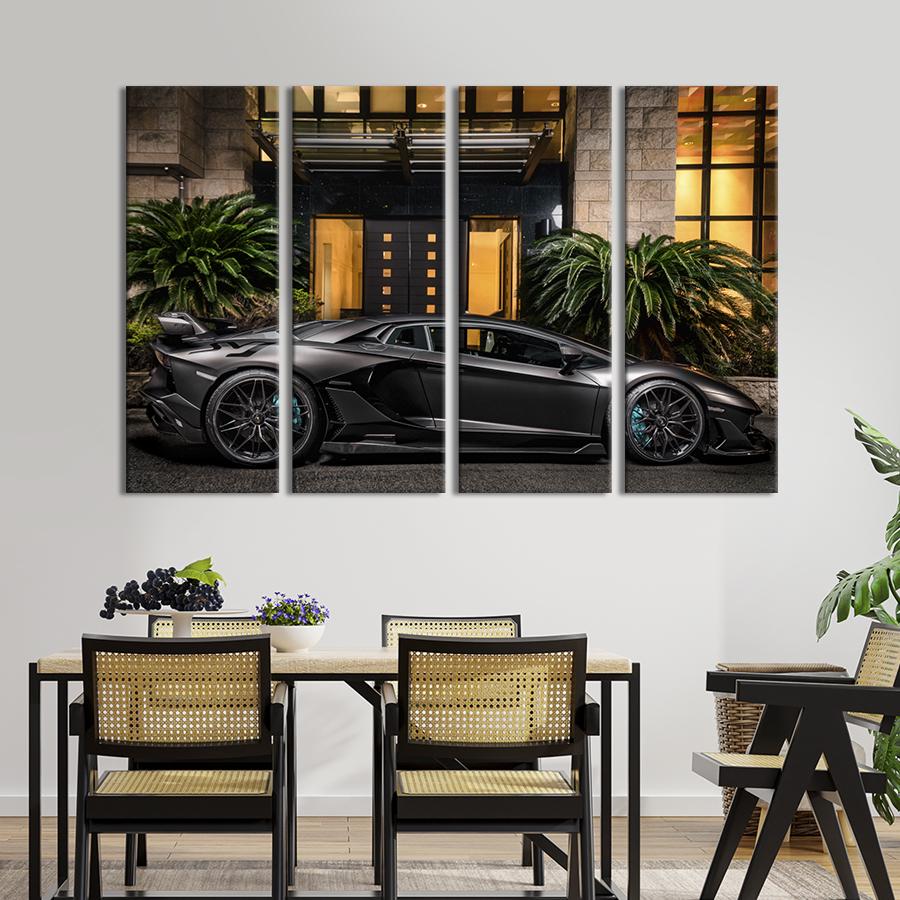 Картина на холсте Роскошная чёрная Lamborghini Aventador SVJ Roadster 149x93 см (1334-41)