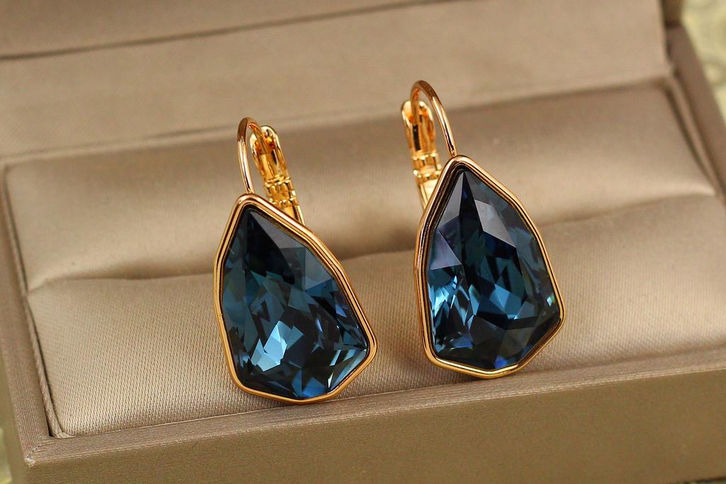 Серьги Xuping Jewelry Сваровски Монолит с большим синим камнем 2,8 см Золотистый (31517703)