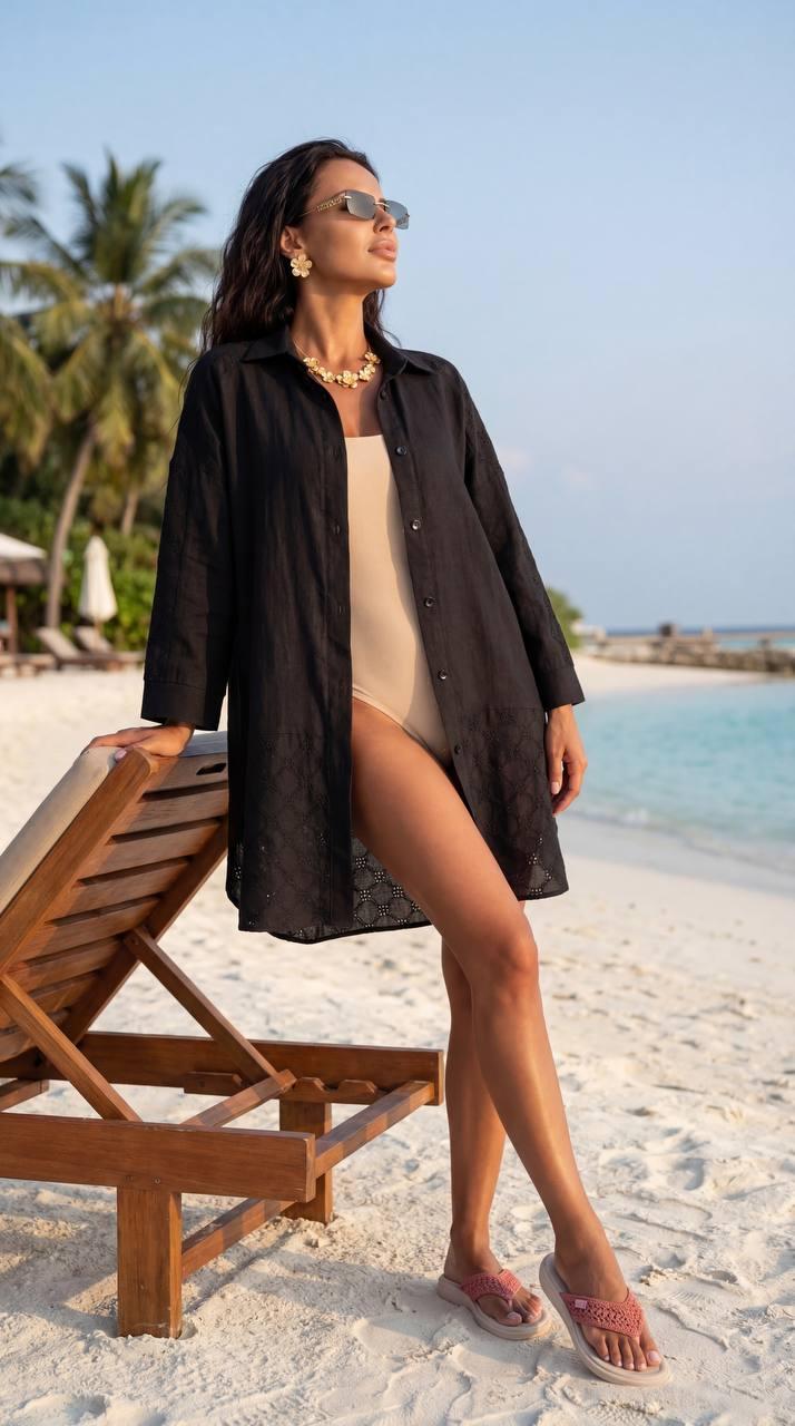 Рубашка-туника женская из натурального льна декорированная прошвой La`visio р. 46-48 Черный