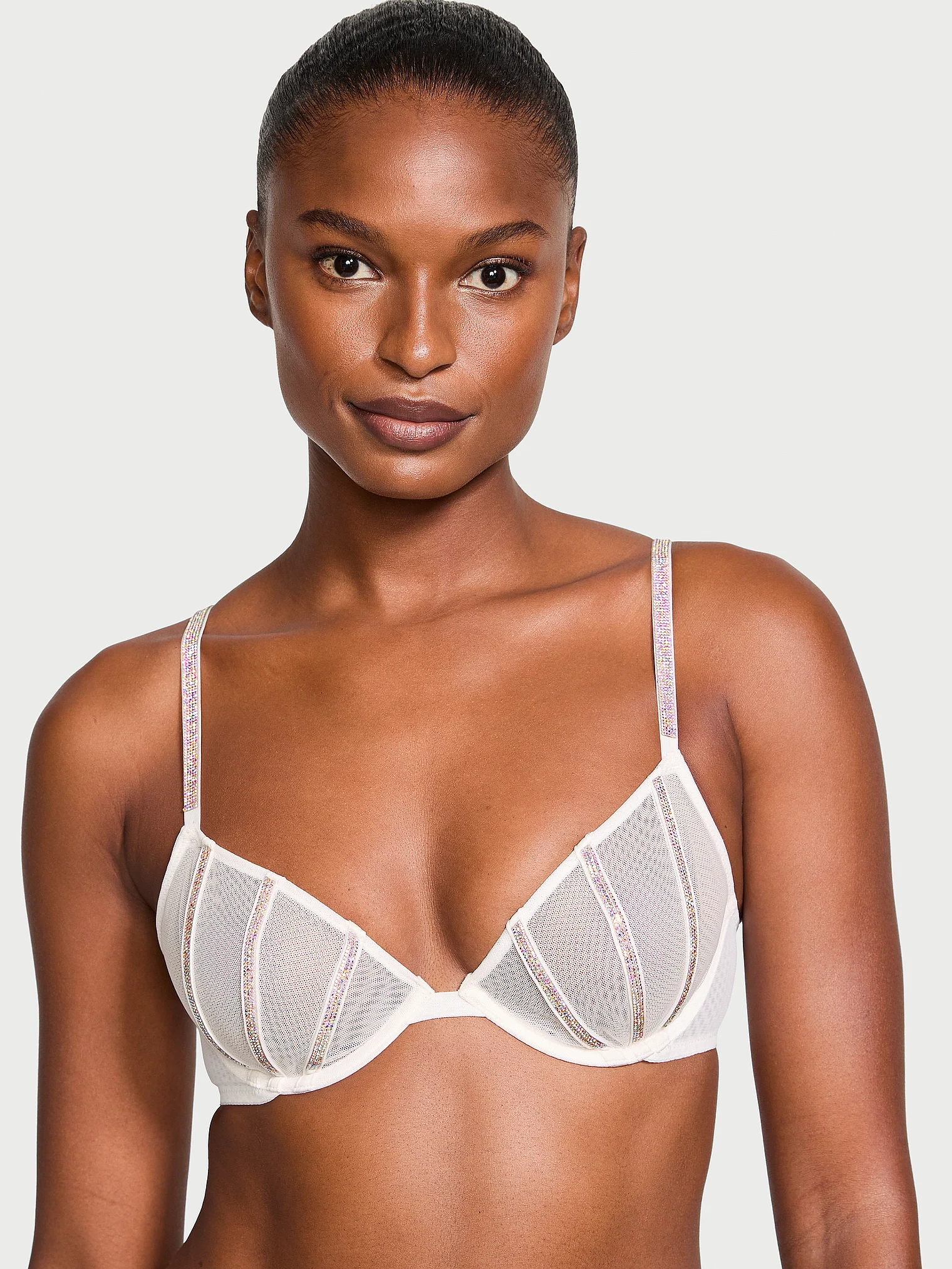 Бюстгальтер демі без підкладки зі стразами Victoria's Secret Sheer Shine Low-Cut Demi Bra 80B Білий (19475256)