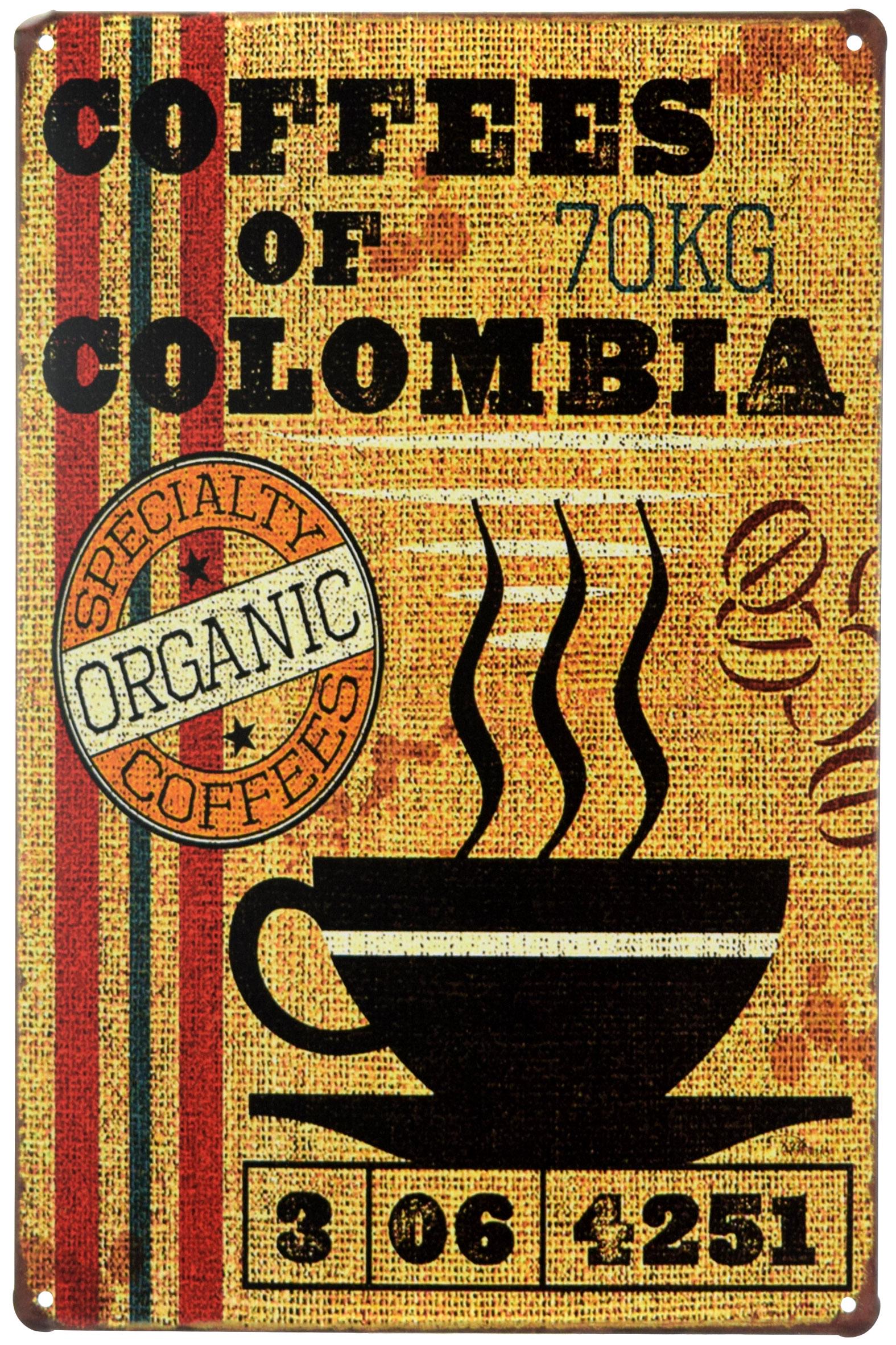 Табличка металлическая Кофе Из Колумбии/Coffees Of Colombia Specialty Organic Coffees 20x30 см