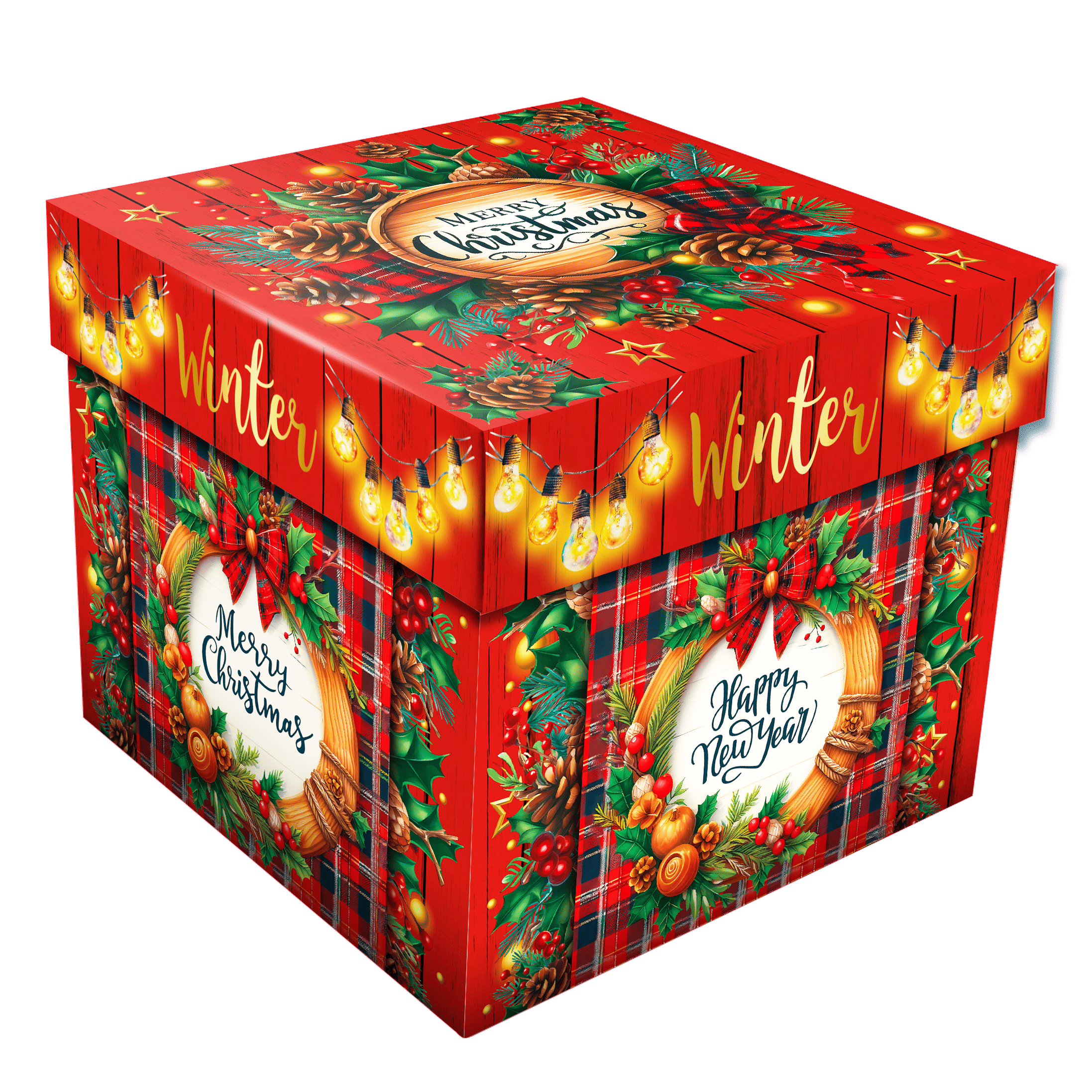 Коробка новогодняя Куб дерево 15х15х13 см 10 шт. Красный (5-0209)