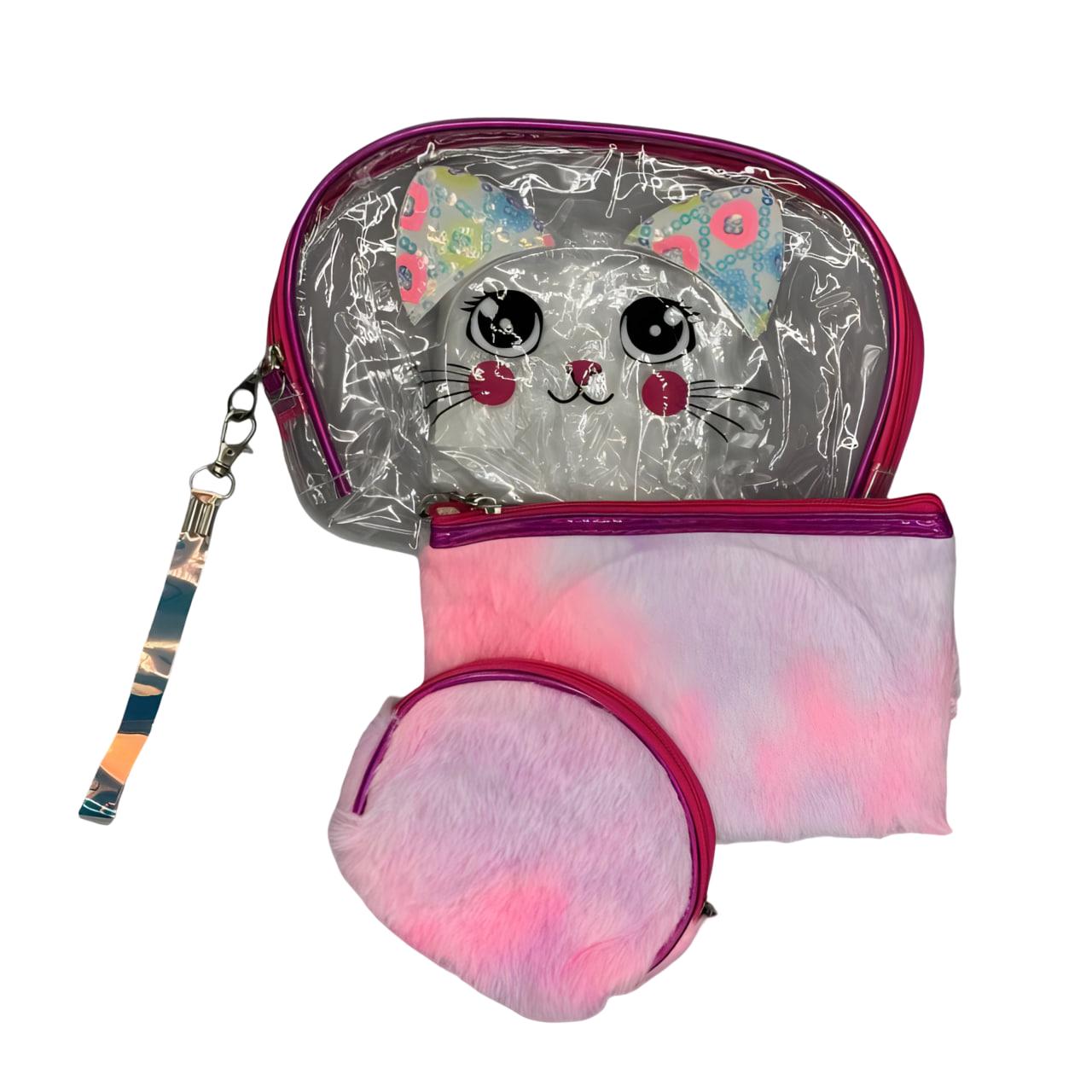 Косметичка для дитини 3в1 з принтом кошеня Рожевий (25-583-1)