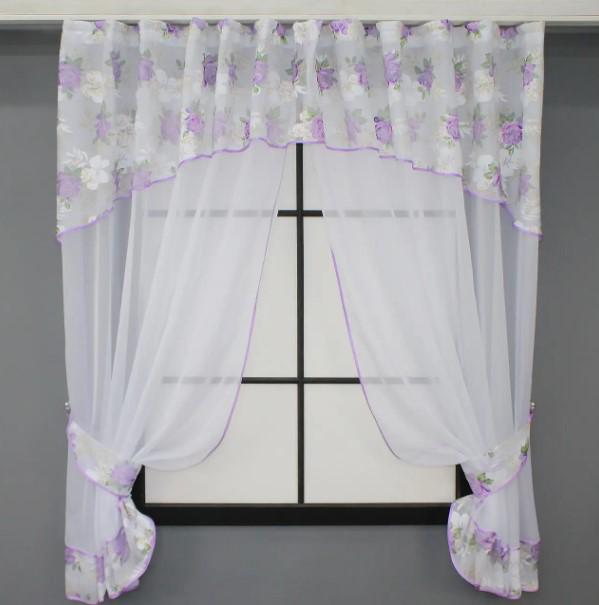 Шторки кухонные с ламбрекеном 270х160 см Белый/Сиреневый (085к)