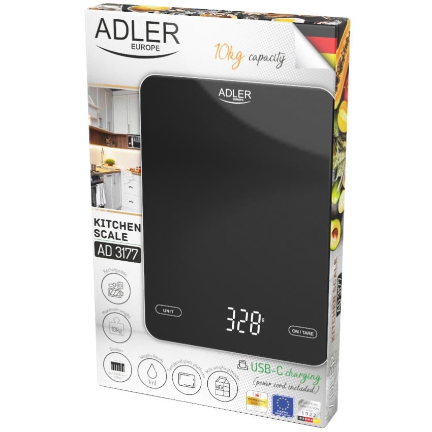 Ваги кухонні електронні Adler AD 3177 до 10 кг USB Type-C скляні з автовимкненням Black (CR3175B) - фото 5 Ваги кухонні електронні Adler AD 3177 до 10 кг USB Type-C скляні з автовимкненням Black (CR3175B) - фото 5